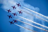 The Red Arrows will fly near Nottingham and Derby as they head to the Isle of Man TT on Thursday