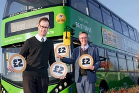 Gedling MP, Tom Randall, left, and NCT’s managing director David Astill pose as the £2 fare cap extension is announced.