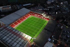 An aerial view of the City Ground after the Premier League match between Nottingham Forest and Manchester City at City Ground on February 18, 2023 in Nottingham, England