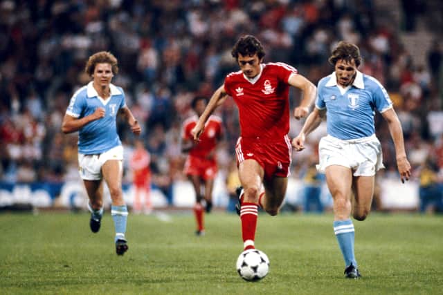 Trevor Francis races through the Malmo defence during the 1979 European Cup Final at the Olympic Stadium on May 30, 1979 in Munich, Germany. (Photo by Allsport/Getty Images)