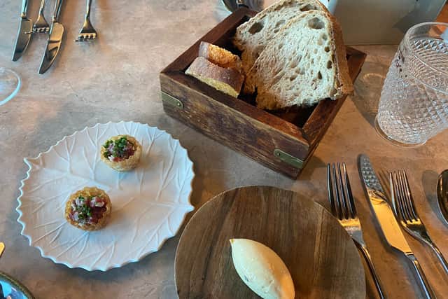 The ‘warm hug’ bread, miso butter and amuse bouche we inhaled before our starter