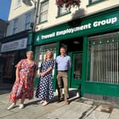 Cllr Matthew Spoors with Lisa and Zoe from Travails Employment Group outside the building’s new shopfront. (Photo: Newark and Sherwood District Council)