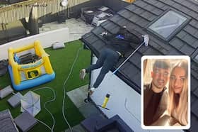 Thomas Leather, 29, was trying to clean the skylight in his home extension - when he started slipping down the tiles - and fell off the roof.

The dad-of-one – who works as a roofer – luckily escaped without any major injuries.

But wife Helen, 28, who says she’d just asked him to do ‘one job’, says he walked away with bruised pride.

Pictures: SWNS