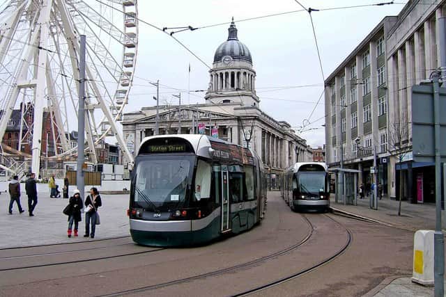 Nottingham Express Transit trams Nos. 204 & 212 at Old Market Square