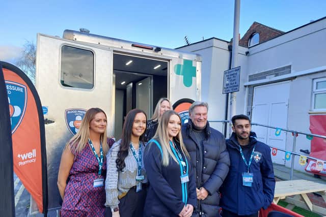 Glenn Hoddle had his blood pressure taken at Well Pharmacy mobile health bus, parked at the entrance of The City Ground, West Bridgford | Image Ria Ghei