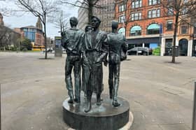 The sculpture was originally positioned on the west side of Old Market Square, but had to be relocated to Chapel Bar due to construction of a new tram line. 