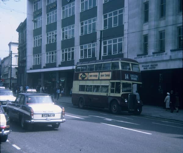 A bus in Nottingham City Centre taken in 1969 to illustrate olde worlde Nottingham 