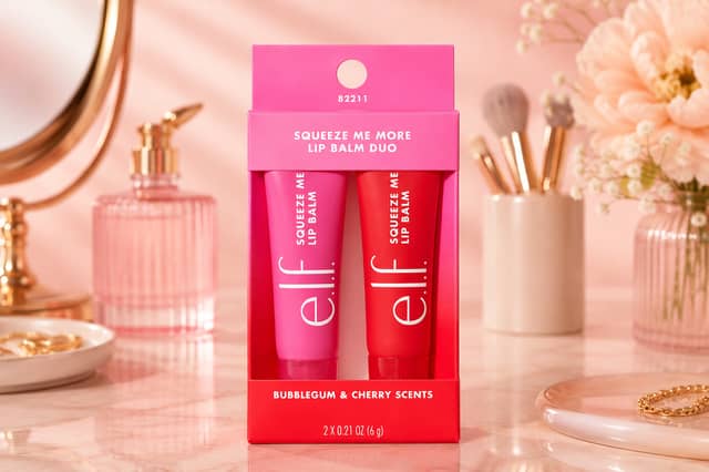 The e.l.f. Squeeze Me Lip Balm Duo combines a glossy finish with hydrating ingredients including hyaluronic acid and nourishing oils.