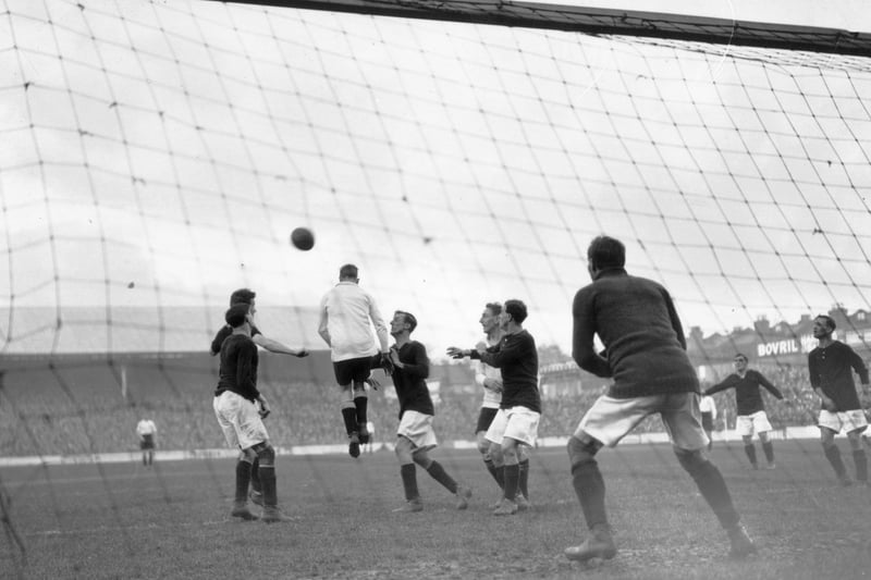 Players compete for the ball in the goal area as Nottingham Forest play Tottenham Hotspur on 1st Nov 1923.