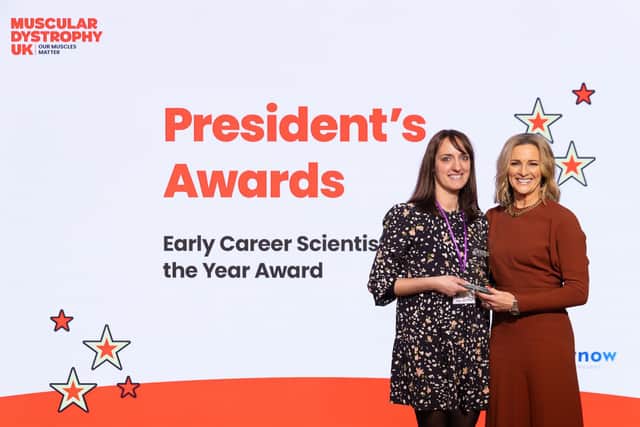 Dr Ami Ketley receiving the 'Early Career Scientist of the Year' award from Gabby Logan MBE, President of Muscular Dystrophy UK