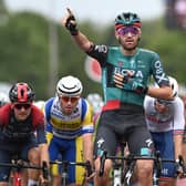 Jordi Meeus, of Team BORA Hansgrohe, celebrates victory in Mansfield after winning stage five of the 2022 Tour of Britain. The stage was held in Nottinghamshire.